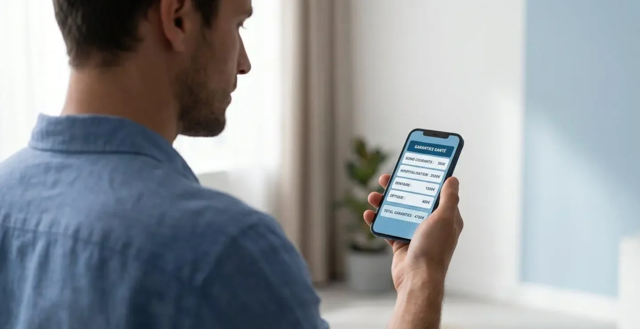 Personne regardant un smartphone affichant un résumé de garanties santé, ambiance sereine.
