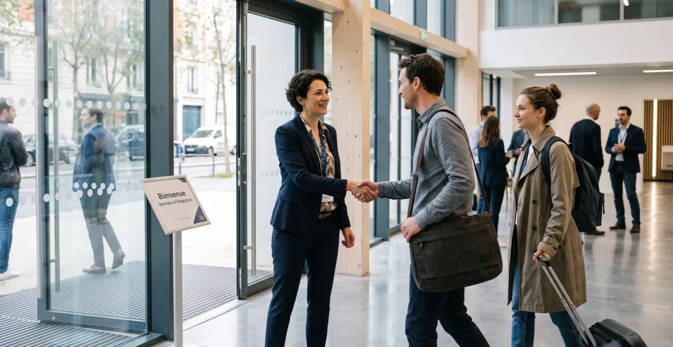 Manager accueillant des nouveaux collaborateurs à l'entrée d'un centre de formation lors de l'arrivée au séminaire d'intégration