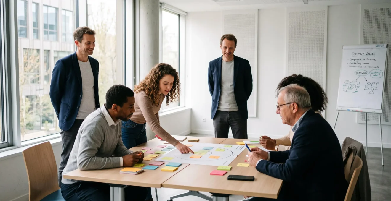 Manager facilitant un atelier collaboratif avec de nouveaux collaborateurs lors d'un séminaire d'intégration dans une salle de formation moderne