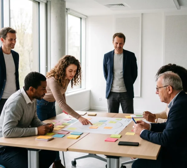 Manager facilitant un atelier collaboratif avec de nouveaux collaborateurs lors d'un séminaire d'intégration dans une salle de formation moderne